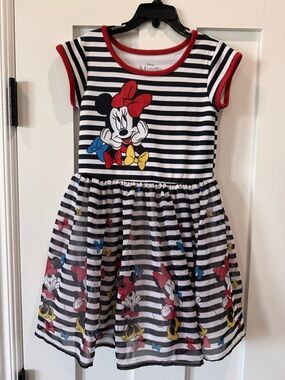 Disney Minnie Mouse Black & White Striped Girls Dress with Red Trim